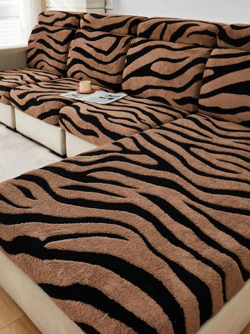 1pc Soft Plush Fabric Pet Proof Sofa Seat Cover, Zebra Pattern, Multi-Color, Thick Jacquard Plush Fabric, Suitable For Sofa Backs/1/2/3/4/Chaise Lounge In Autumn/Winter