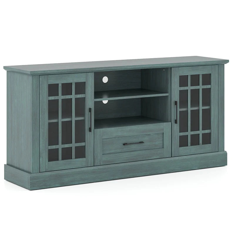 62" Farmhouse TV Stand for 70 Inch TVs, Tall Media Console Table with 2 Glass Doors, Cubbies & Drawer, Storage Cabinet for Living Room