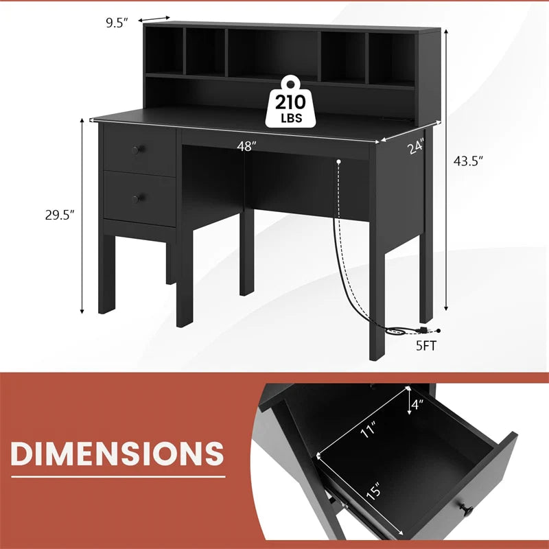 48" Home Office Desk with Power Outlets, USB & Type-C Charging Station, Modern Writing Desk w/ 5-Cubby Hutch & Drawers for Study Makeup Vanity