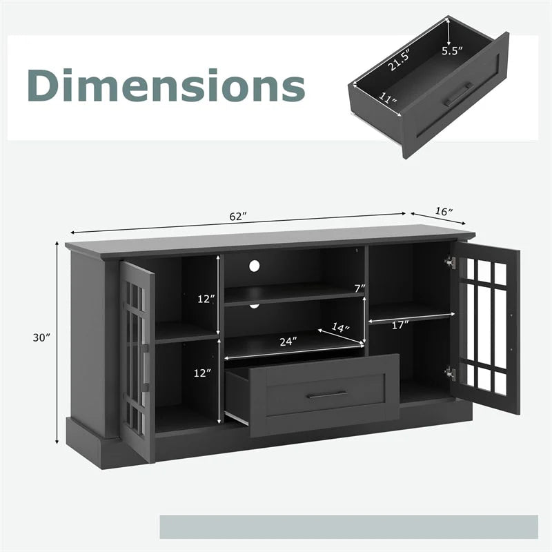 62" Farmhouse TV Stand for 70 Inch TVs, Tall Media Console Table with 2 Glass Doors, Cubbies & Drawer, Storage Cabinet for Living Room