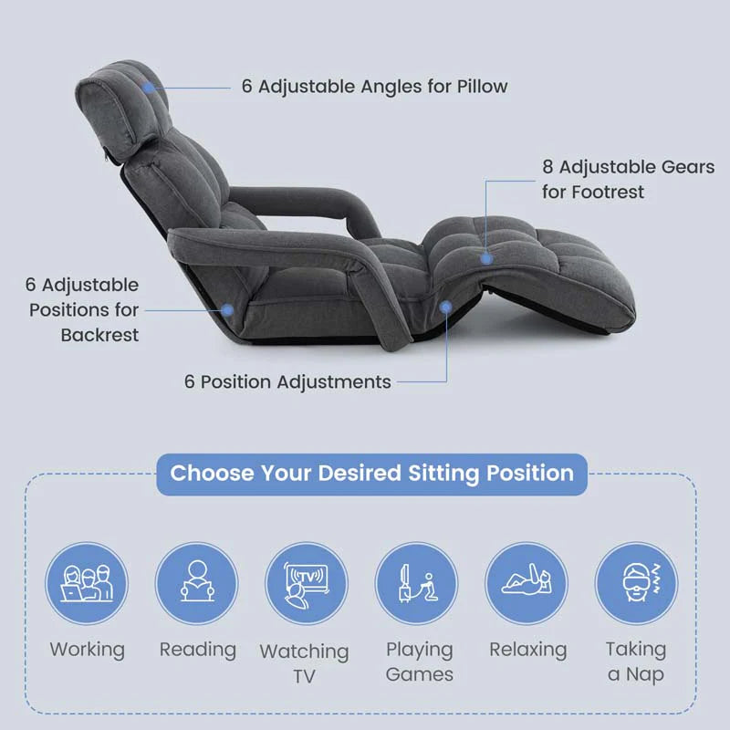 6-Position Adjustable Floor Sofa Bed, Folding Lazy Sofa Chaise Lounger Recliner with Armrests & Footrests for Living Room, Bedroom & Gaming